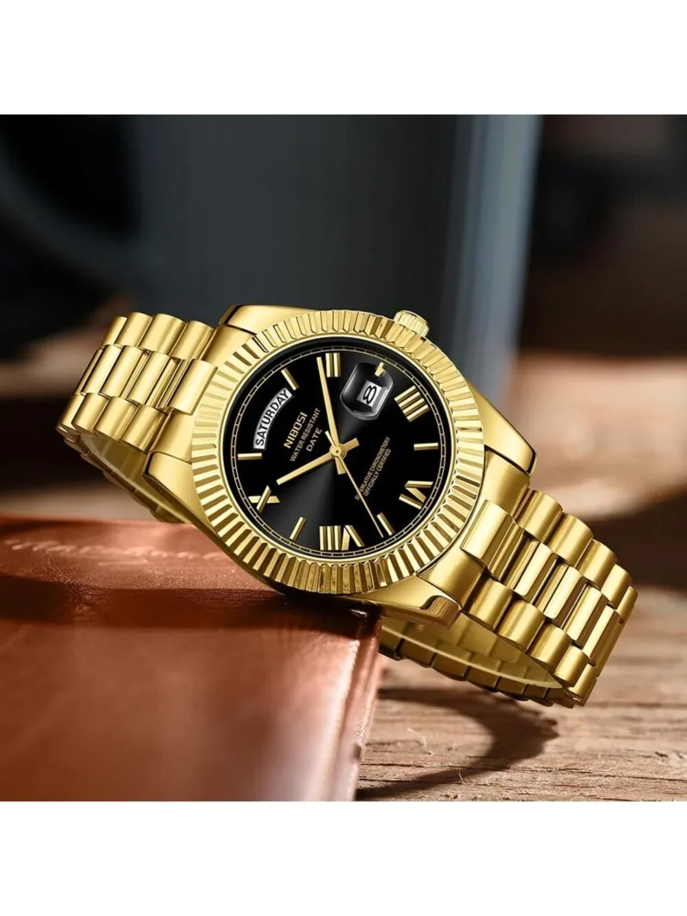 Nibosi Men's Gold Black Analog Quartz Stainless Waterproof Desiger Wrist Watch
